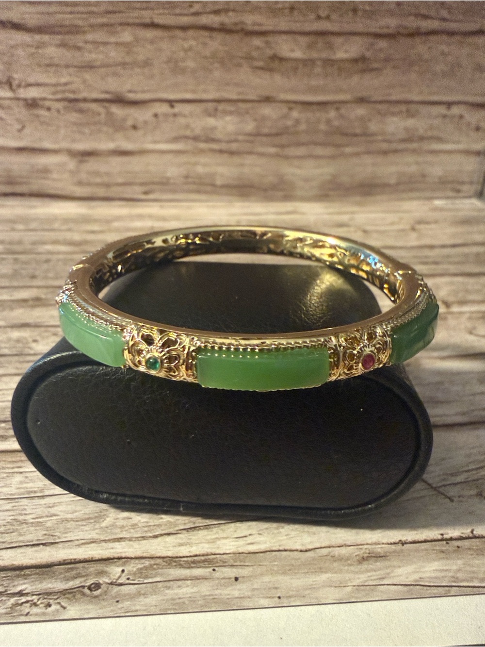 Gold Plated Vintage Green Jade Inlaid Bangle Bracelet with Red Green  Accents